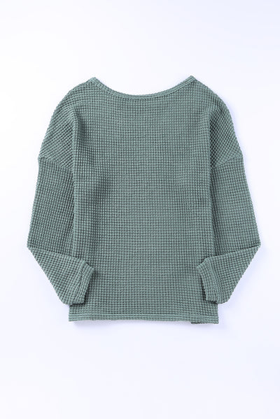 Green Waffle Knit Drop Shoulder Long Sleeve Top-Tops-MomFashion