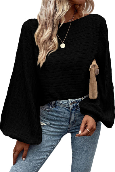 Black Lantern Sleeve Eyelets Textured Knit Sweater-Tops-MomFashion