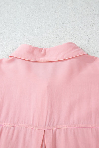 Pink Flap Pocket Tab Sleeve Button-Down Plus Size Shirt-Plus Size-MomFashion