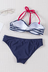 Blue Halter Bandeau Striped Bikini-Swimwear-MomFashion