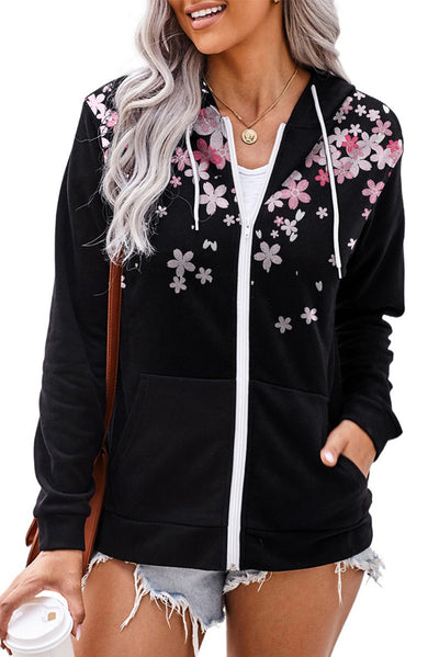 Black Cherry Blossoms Print Pocketed Zipped Hooded Coat-Outerwear-MomFashion