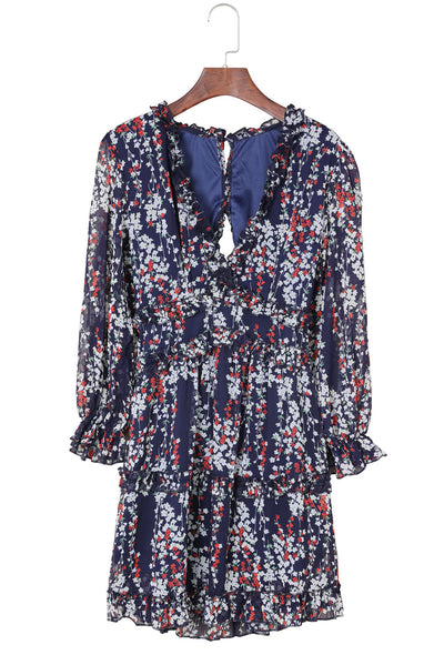 Blue Ruffle Detailing Open Back Floral Dress-Dresses-MomFashion