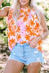 Orange Ruffled Sleeve Smocked Floral Top-Tops-MomFashion