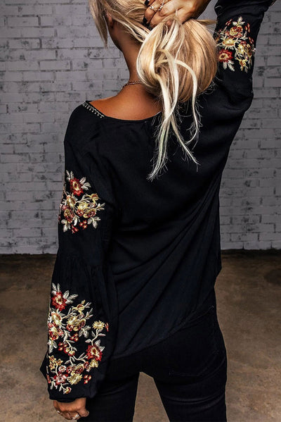 Black Floral Embroidery Long Sleeve Top-Tops-MomFashion