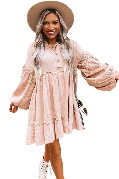 Oatmeal Crinkle Distressed Puff Sleeve Flared Dress-Dresses-MomFashion