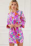 Purple Floral Keyhole Back Long Sleeve Belted Dress-Dresses-MomFashion