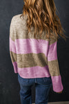 Rose Stripe Crew Neck Wide Sleeve Colorblock Sweater-Tops-MomFashion