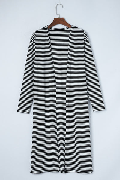 Stripe Open Front Long Cardigan-Tops-MomFashion