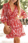 Red Ruffle Detailing Open Back Floral Dress-Dresses-MomFashion