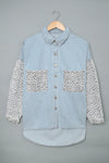 Sky Blue Contrast Leopard Denim Jacket-Outerwear-MomFashion