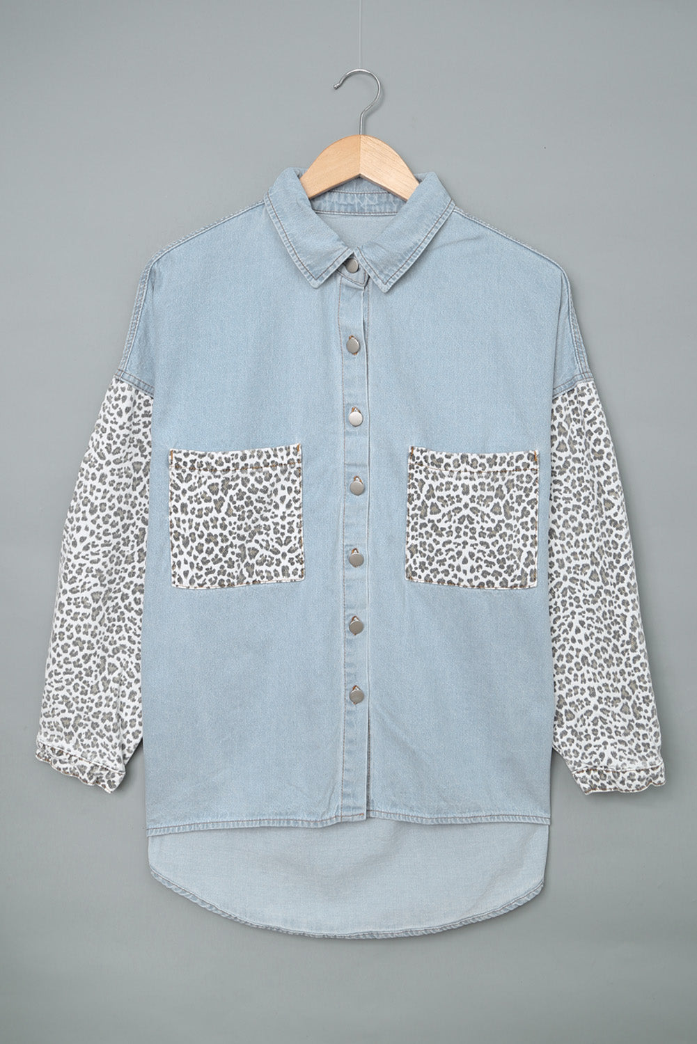 Sky Blue Contrast Leopard Denim Jacket-Outerwear-MomFashion