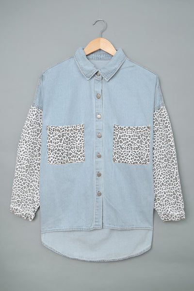 Sky Blue Contrast Leopard Denim Jacket-Outerwear-MomFashion