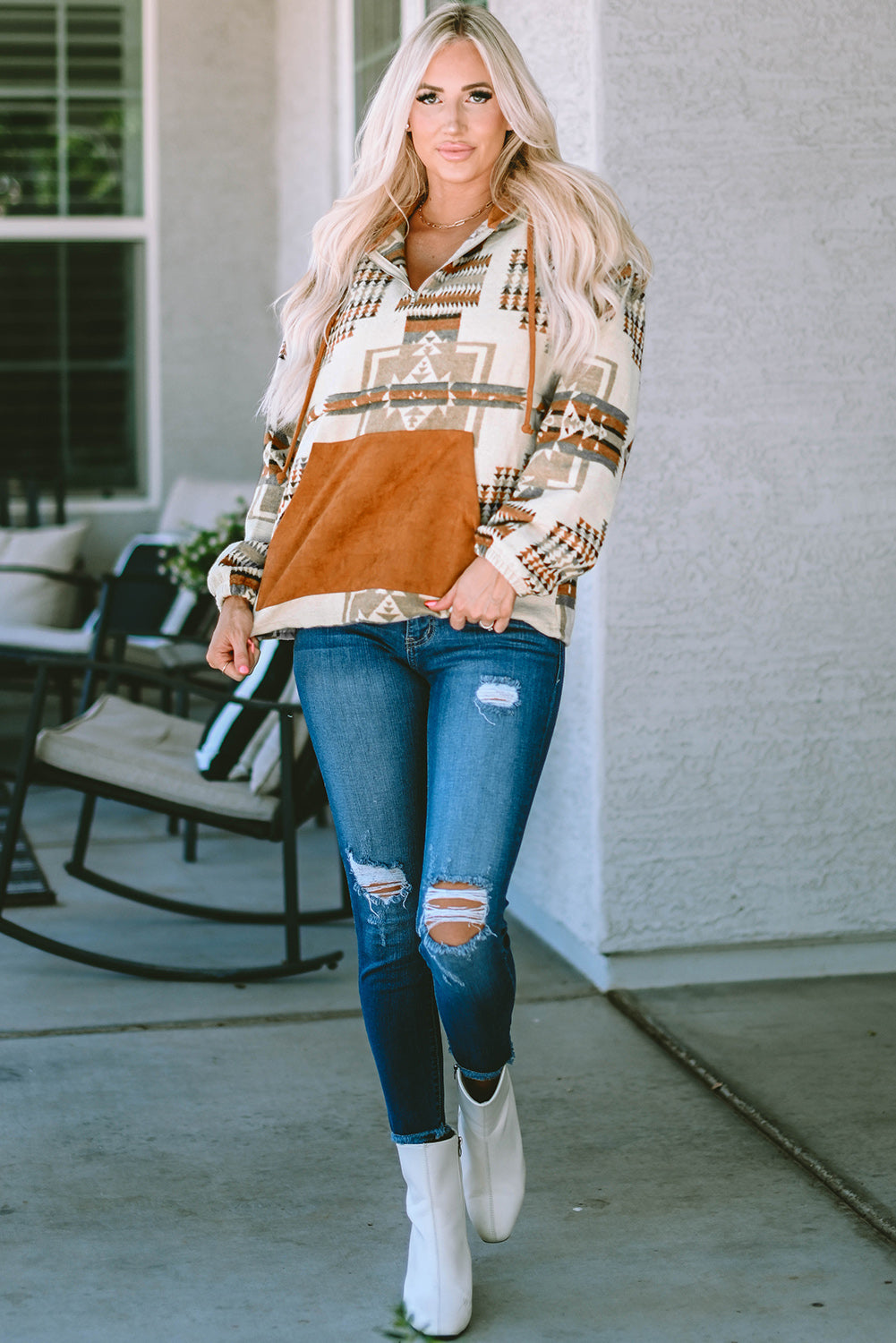 Beige Aztec Print Kangaroo Pocket Half-Zip Hoodie-Tops-MomFashion