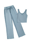 Blue Ribbed Crop Tank Drawstring Lounge Pants Set-Loungewear-MomFashion