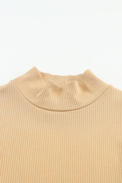 Khaki Ribbed Knit High Neck Long Sleeve Top-Tops-MomFashion