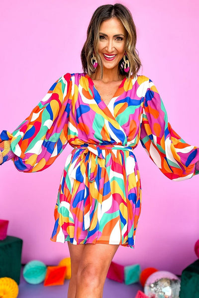 Multicolor Abstract Printed Belted Puff Sleeve Mini Dress-Dresses-MomFashion