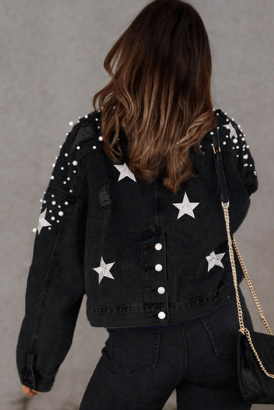 Black Distressed Pearls Star Cropped Denim Jacket-Outerwear-MomFashion