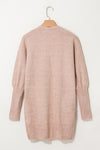 Smoke Gray Ribbed Trim Puff Sleeve Open Cardigan-Tops-MomFashion