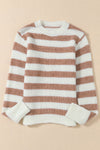 Brown Striped Round Neck Casual Sweater-Tops-MomFashion