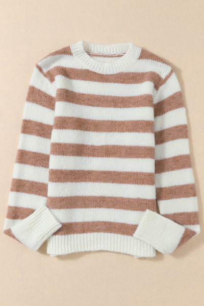 Brown Striped Round Neck Casual Sweater-Tops-MomFashion