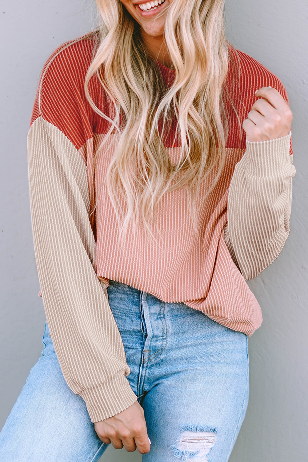 Fiery Red Color Block Long Sleeve Ribbed Loose Top-Tops-MomFashion