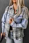 Sky Blue Plaid Patchwork Fringed Flap Pockets Denim Jacket-Outerwear-MomFashion