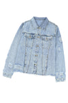 Sky Blue Lapel Distressed Raw Hem Buttons Denim Jacket-Outerwear-MomFashion