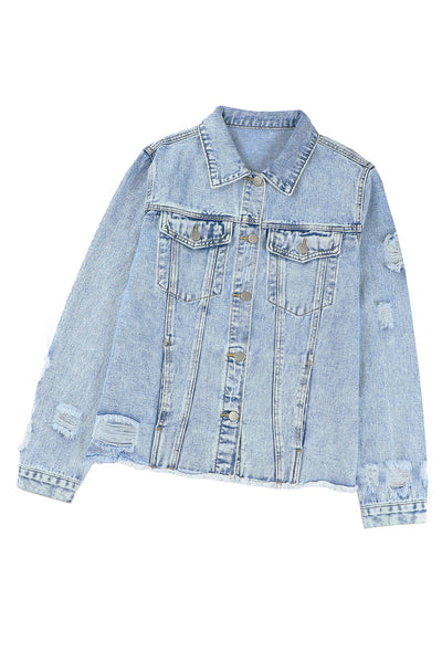 Sky Blue Lapel Distressed Raw Hem Buttons Denim Jacket-Outerwear-MomFashion