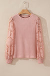 Peach Blossom Sunflower Mesh Bubble Sleeve Waffle Knit Top-Tops-MomFashion