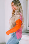 Khaki Color Block Turtle Neck Drop Shoulder Knit Sweater-Tops-MomFashion