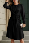 Black Twist Front Tie Back Long Sleeve Satin Dress-Dresses-MomFashion