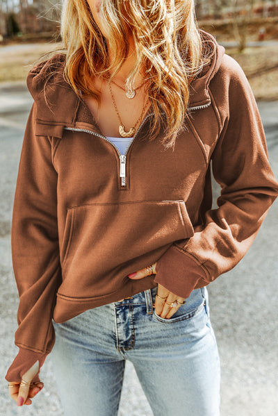 Brown Quarter Zip Kangaroo Pocket Hoodie-Tops-MomFashion