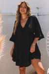 Black Ruffled 3/4 Sleeve V Neck Babydoll Mini Dress-Dresses-MomFashion