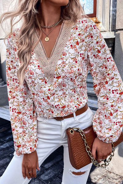 White Floral Long Sleeve Lace V-Neck Blouse-Tops-MomFashion