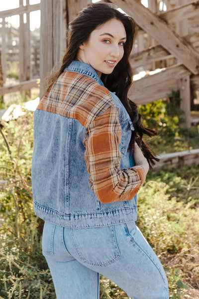 Sky Blue Medium Wash Plaid Sleeves Denim Jacket-Outerwear-MomFashion