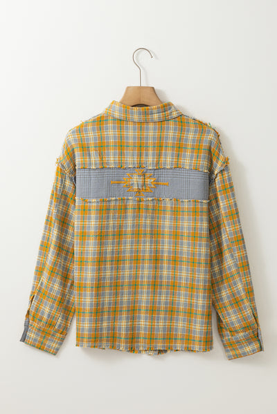 Ginger Plaid Embroidery Patch Button-Down Shacket-Outerwear-MomFashion