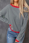 Contrast Trimmed Striped Drop Shoulder Sweater-Tops-MomFashion