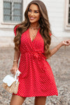 Fiery Red Polka Dot V Neck Ruffle Sleeve Dress-Dresses-MomFashion