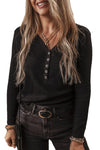 Black Buttoned V Neck Long Sleeve Ribbed Top-Tops-MomFashion