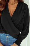 Black Solid Surplice Neck Shirred Cuffs Draped Blouse-Tops-MomFashion