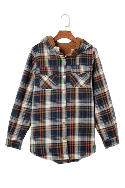 Plaid Pattern Sherpa Lined Hooded Shacket-Outerwear-MomFashion