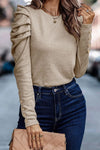 Khaki Buttoned Puff Long Sleeve Sheath Top-Tops-MomFashion