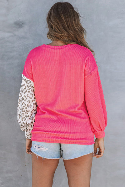 Rose Leopard Patchwork Color Block Ribbed Long Sleeve Top-Tops-MomFashion