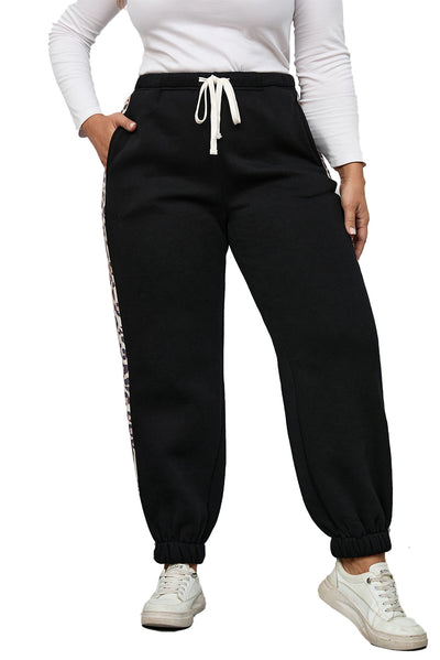 Black Plus Size Contrast Leopard Side Panel Joggers-Plus Size-MomFashion