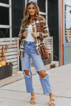 Brown Pocketed Buttoned Plaid Shirt Jacket-Outerwear-MomFashion