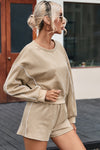 Khaki Piping Trim Long Sleeve Terry Shorts Set-Loungewear-MomFashion