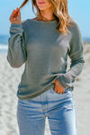 Green Waffle Knit Drop Shoulder Long Sleeve Top-Tops-MomFashion