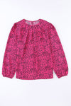 Rose Leopard Print Pleated Blouse with Keyhole-Tops-MomFashion