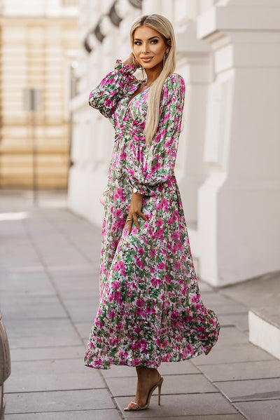 Green Floral Print Deep V Neck Ruched Cinched Waist Maxi Dress-Dresses-MomFashion