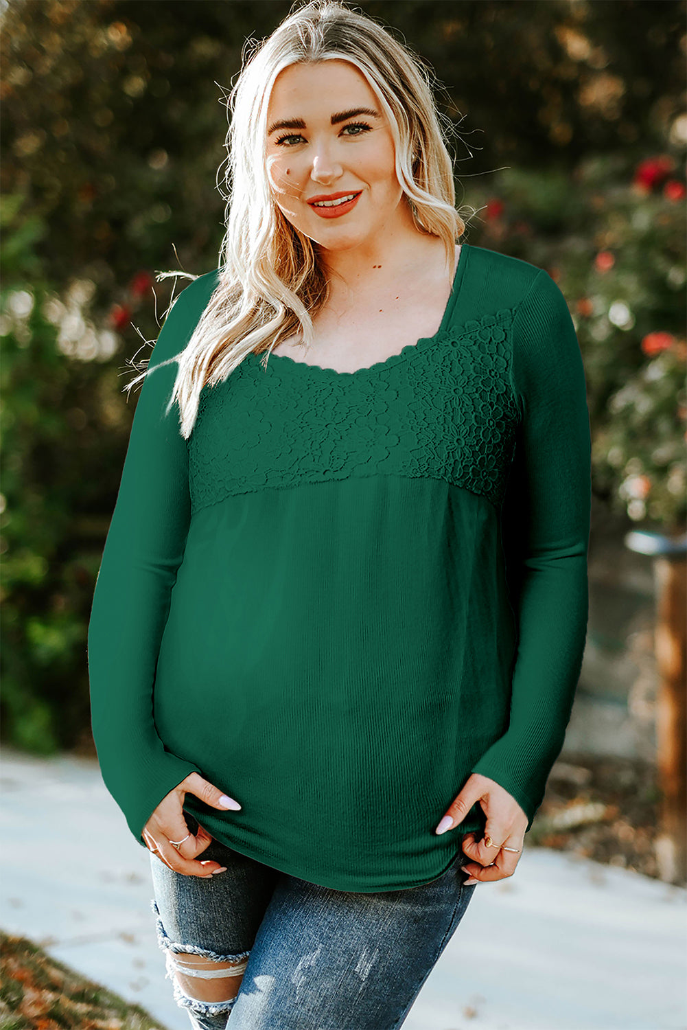 Green Lace Crochet V Neck Long Sleeve Top-Tops-MomFashion
